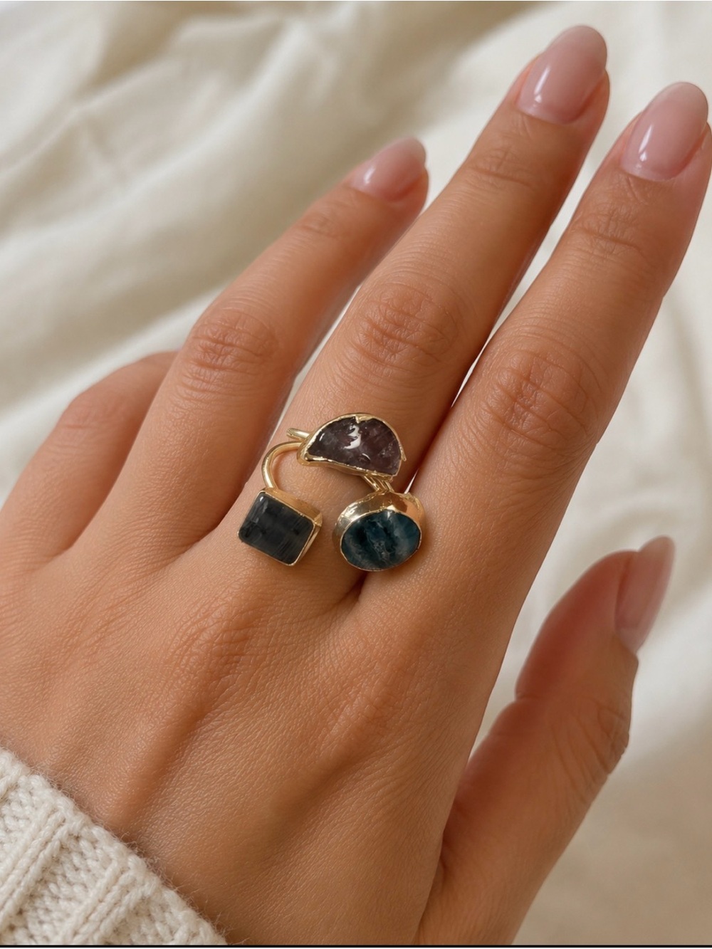 Gold plated natural stone trio open ring
